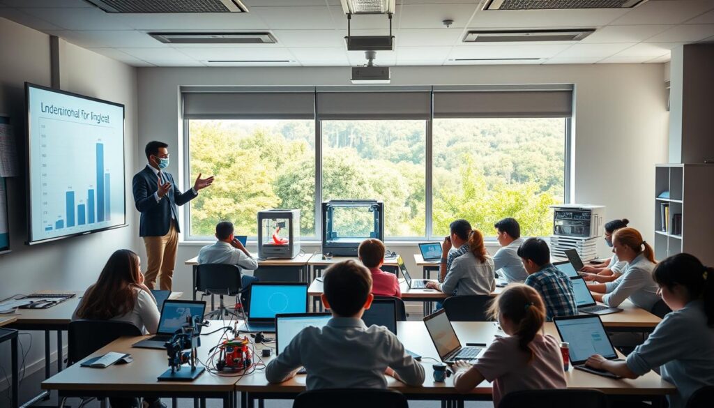 A classroom setting with an array of modern educational technology. In the foreground, a teacher standing at a podium, hands gesturing as they demonstrate an interactive whiteboard. Surrounding them, students seated at desks, laptops and tablets in hand, engaged in collaborative learning. In the middle ground, a 3D printer, robotics kits, and other STEM-focused tools. The background features a large window overlooking a lush, green landscape, symbolizing the integration of technology and nature. Soft, diffused lighting creates a warm, contemplative atmosphere, underscoring the transformative power of educational technology in empowering teachers and students alike.