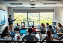A classroom setting with an array of modern educational technology. In the foreground, a teacher standing at a podium, hands gesturing as they demonstrate an interactive whiteboard. Surrounding them, students seated at desks, laptops and tablets in hand, engaged in collaborative learning. In the middle ground, a 3D printer, robotics kits, and other STEM-focused tools. The background features a large window overlooking a lush, green landscape, symbolizing the integration of technology and nature. Soft, diffused lighting creates a warm, contemplative atmosphere, underscoring the transformative power of educational technology in empowering teachers and students alike.