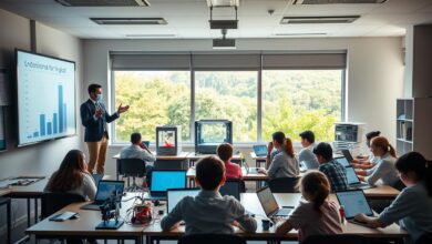 A classroom setting with an array of modern educational technology. In the foreground, a teacher standing at a podium, hands gesturing as they demonstrate an interactive whiteboard. Surrounding them, students seated at desks, laptops and tablets in hand, engaged in collaborative learning. In the middle ground, a 3D printer, robotics kits, and other STEM-focused tools. The background features a large window overlooking a lush, green landscape, symbolizing the integration of technology and nature. Soft, diffused lighting creates a warm, contemplative atmosphere, underscoring the transformative power of educational technology in empowering teachers and students alike.