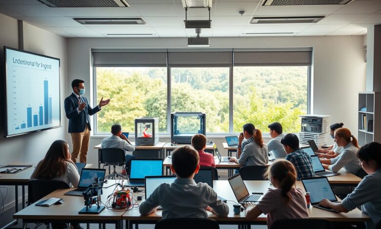 A classroom setting with an array of modern educational technology. In the foreground, a teacher standing at a podium, hands gesturing as they demonstrate an interactive whiteboard. Surrounding them, students seated at desks, laptops and tablets in hand, engaged in collaborative learning. In the middle ground, a 3D printer, robotics kits, and other STEM-focused tools. The background features a large window overlooking a lush, green landscape, symbolizing the integration of technology and nature. Soft, diffused lighting creates a warm, contemplative atmosphere, underscoring the transformative power of educational technology in empowering teachers and students alike.