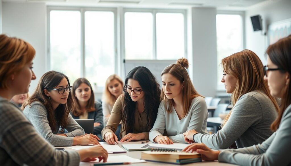 A classroom setting with teachers engaged in a professional development workshop. The foreground features a group of teachers collaboratively working on a project, their expressions focused and engaged. The middle ground shows an instructor leading the session, using a whiteboard or projection screen to guide the discussion. The background depicts an airy, well-lit room with large windows, creating a warm and inviting atmosphere conducive to learning. The lighting is soft and natural, casting a gentle glow over the scene. The overall mood is one of productivity, collaboration, and a commitment to improving teaching skills and competencies.
