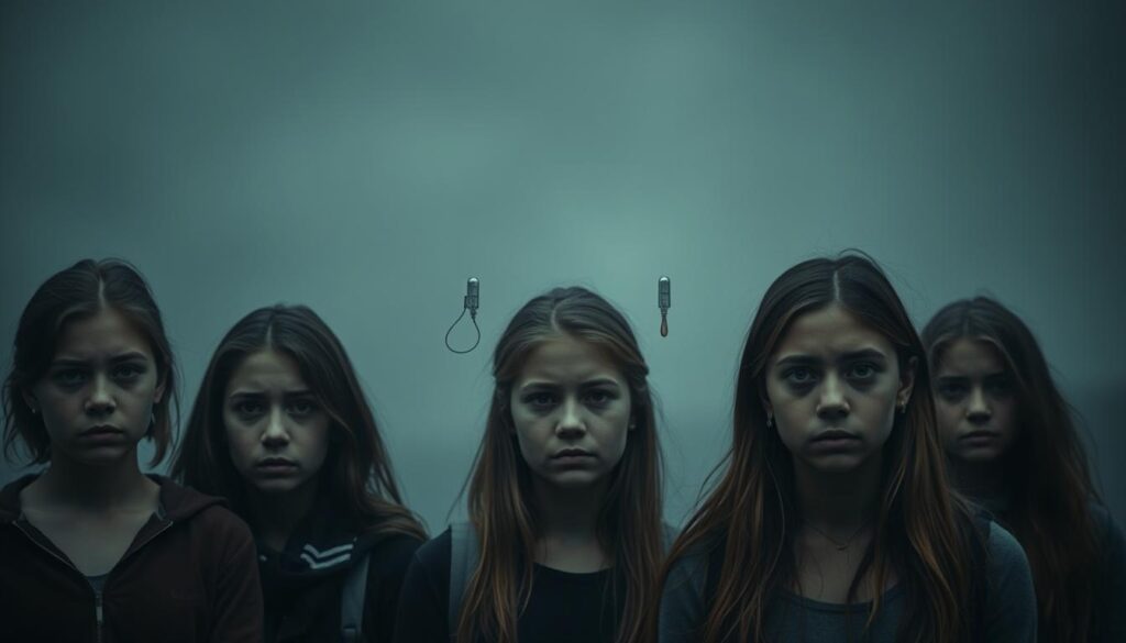 A somber, realistic scene depicting the risks of early sexual activity among teenagers. In the foreground, a group of concerned-looking young people, their expressions conveying a sense of vulnerability and unease. In the middle ground, subtle visual cues alluding to the consequences of risky sexual behavior, such as contraceptive devices or medical equipment. The background is hazy, evoking a sense of uncertainty and the potential for long-term impacts. The lighting is muted, casting a melancholic tone over the scene. The composition is balanced, with the subjects positioned to draw the viewer's attention to the central message. Overall, the image aims to convey a thoughtful, educational tone about the importance of healthy sexual education for adolescents.