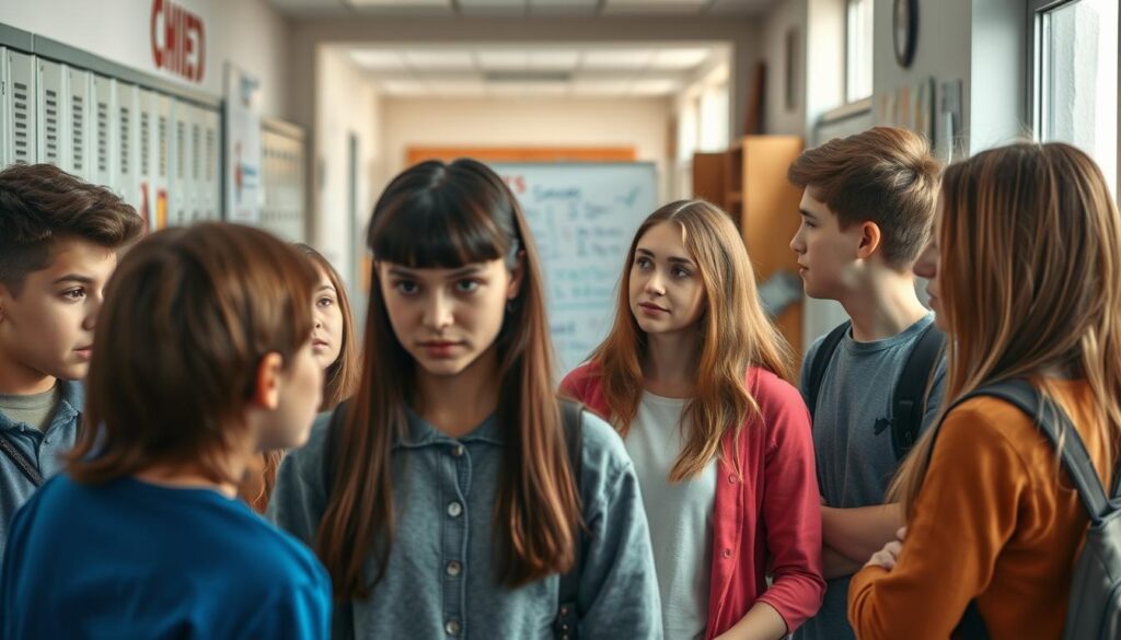 Detailed scene of teenagers navigating the challenges of sexual education, set against a backdrop of a modern school environment. In the foreground, a group of students engaged in an open discussion, their expressions conveying both curiosity and hesitation. The middle ground features an educator guiding the dialogue, with a whiteboard behind them displaying relevant information. The background showcases the hallway of the school, with lockers, bulletin boards, and other educational signifiers, creating a sense of the broader institutional context. Soft, natural lighting filters through the windows, adding a contemplative mood to the scene. The overall composition emphasizes the complexities and sensitivities surrounding the topic of adolescent sexual education.