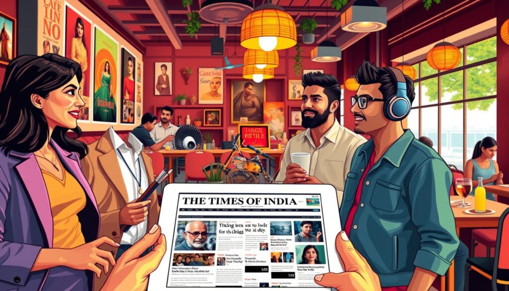 A colorful and vibrant scene depicting the influence of The Times of India on Indian pop culture. In the foreground, a diverse group of four people, including a woman in a stylish business suit, a man in a casual yet smart outfit, an artist with paintbrushes, and a music enthusiast with headphones, engage in animated conversation. The middle layer features a digital tablet displaying trending articles, surrounded by iconic Indian pop culture elements like Bollywood film posters, music instruments, and fashion accessories. The background showcases a bustling urban café with warm, inviting lighting and patrons enjoying their drinks. The atmosphere is lively and energetic, capturing the dynamic interplay between news, opinion formation, and contemporary culture in India.