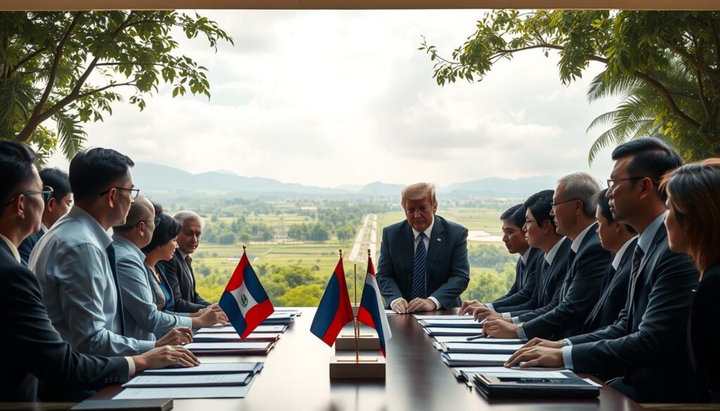 A diplomatic negotiation scene set against a backdrop of a tense border area between Cambodia and Thailand. In the foreground, a diverse group of diplomats in professional business attire, including a prominent figure resembling Donald Trump, engage in intense discussion around a large table filled with documents and flags of both nations. The middle ground shows a serene landscape, blending typical Cambodian and Thai elements, such as lush greenery and border markers, symbolizing the conflict's geography. In the background, soft, diffused light shines through clouds, casting a hopeful glow over the scene. The atmosphere conveys a sense of tension mixed with optimism, emphasizing the importance of diplomacy and peace in resolving conflicts. The image should feel dynamic yet respectful, capturing a pivotal moment of negotiation without any text or distractions.
