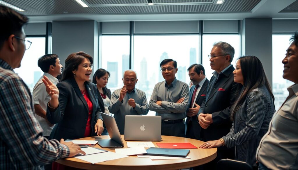 A diverse group of Indonesian politicians gathered in a modern conference room, engaged in a serious discussion. In the foreground, a female politician, dressed in professional attire, is passionately making a point, gesturing with her hand. Beside her, an elderly male politician listens intently, his expression thoughtful. In the middle ground, a round table filled with documents and a laptop conveys a sense of urgency and collaboration. The background features large windows with a view of Jakarta's skyline, symbolizing the political landscape. The lighting is bright and focused, creating a dynamic, energetic atmosphere. The overall mood reflects determination and civic engagement, capturing the essence of political opposition in Indonesia.