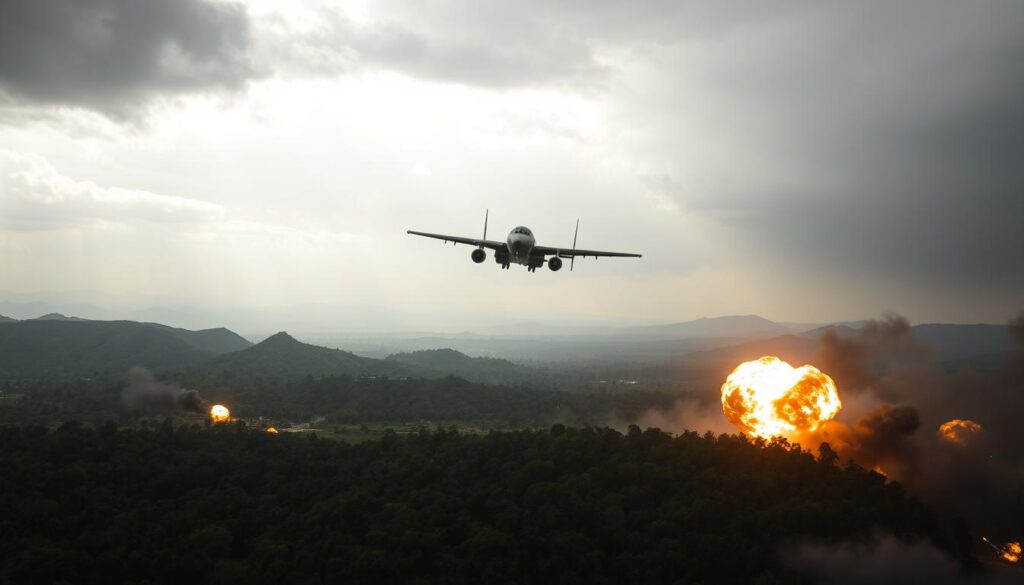 A dramatic aerial view of a border conflict scene between Cambodia and Thailand, highlighting the escalation of air attacks. In the foreground, depict a military aircraft soaring above, with trails of smoke emerging from its engines. The middle ground displays a landscape marked by dense jungles and rugged terrain, dotted with explosions and smoke rising from the ground, indicating active combat. In the background, a panoramic view of rolling hills fading into the horizon under an ominous gray sky, casting dramatic shadows. Use dynamic lighting to emphasize the chaos of conflict, with bursts of fire and smoke illuminated in the foreground. The atmosphere is tense and charged, conveying the urgency and gravity of the situation without human figures present.