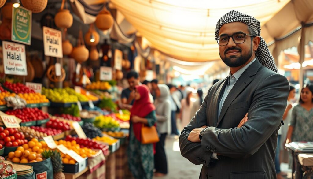 A professional Muslim entrepreneur standing confidently at a bustling market, showcasing a variety of halal products like organic foods and Islamic handicrafts. In the foreground, the entrepreneur, a middle-aged man wearing a smart business suit with a traditional Islamic headpiece, interacts with a diverse group of customers, reflecting inclusivity. The middle ground features colorful stalls filled with fresh fruits and artisanal goods, all labeled with halal signs. The background shows a vibrant marketplace with people shopping and friendly conversations, under warm, natural sunlight filtering through a canopy of fabric. The atmosphere is lively and positive, emphasizing principles of ethical entrepreneurship. Use a wide-angle lens to capture the dynamic marketplace setting, with soft, inviting lighting to enhance the welcoming vibe.