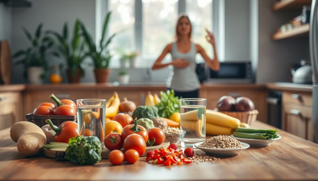 A serene kitchen scene depicting a balanced lifestyle to manage acid reflux. In the foreground, a well-organized wooden table shows a colorful spread of fresh fruits, vegetables, whole grains, and herbal tea, symbolizing healthy eating habits. A glass of water sits prominently, emphasizing hydration. In the middle ground, a fit person in modest casual clothing practices yoga or gentle stretching, reflecting the importance of exercise and stress management. The background features a sunlit window with plants, creating a calm, inviting atmosphere. Soft, warm lighting enhances the sense of wellness, while a shallow depth of field keeps the focus on the healthy foods and active individual. The overall mood is tranquil and inspiring, promoting positive lifestyle changes.