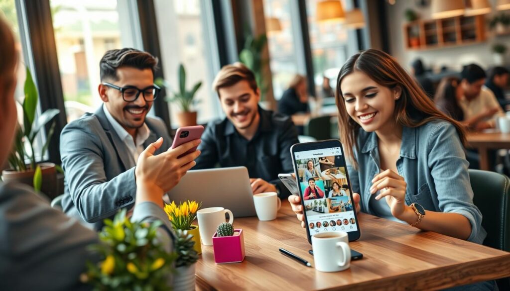 A vibrant and engaging Instagram scene featuring a diverse group of young adults in a cozy café setting, sharing content on their smartphones and laptops. In the foreground, one individual, dressed in smart casual attire, is enthusiastically gesturing at their screen, while another, seated at a wooden table, smiles as they scroll through a visually appealing Instagram feed filled with eye-catching posts. In the middle ground, colorful potted plants, coffee mugs, and stylish décor elements create a warm and inviting atmosphere. Soft, natural lighting filters through large windows, enhancing the cheerful mood. The background includes a subtle view of other patrons enjoying their time, all contributing to an organic connection and engagement in the digital space. Focal length is moderate to capture both the characters and their environment cohesively.
