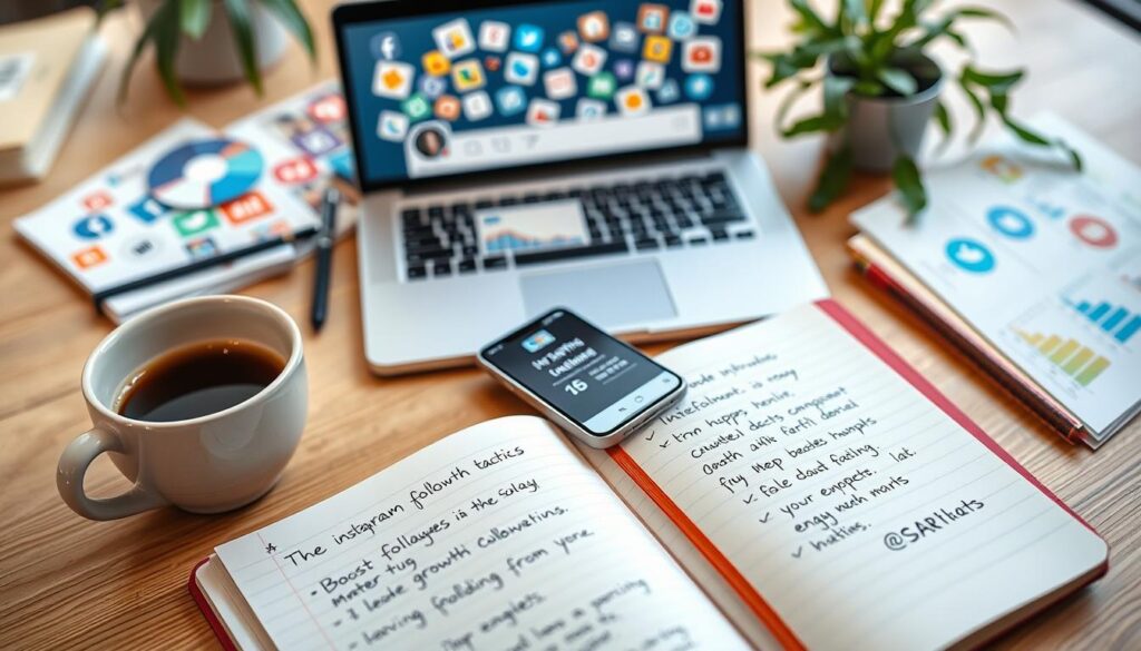 A vibrant flat lay arrangement illustrating effective strategies to boost Instagram followers. In the foreground, an open notebook with handwritten notes on growth tactics, a smartphone displaying an Instagram profile with growing follower numbers, and a cup of coffee. In the middle ground, a laptop shows analytics graphs and colorful charts reflecting engagement rates. The background features a blurred collection of social media icons and subtle greenery for a fresh, inviting feel. Use natural lighting to create a warm atmosphere, capturing a productive workspace vibe. The angle should be slightly above, emphasizing the organized chaos of brainstorming ideas. The overall mood should be inspiring and professional, suitable for individuals looking to enhance their social media presence.