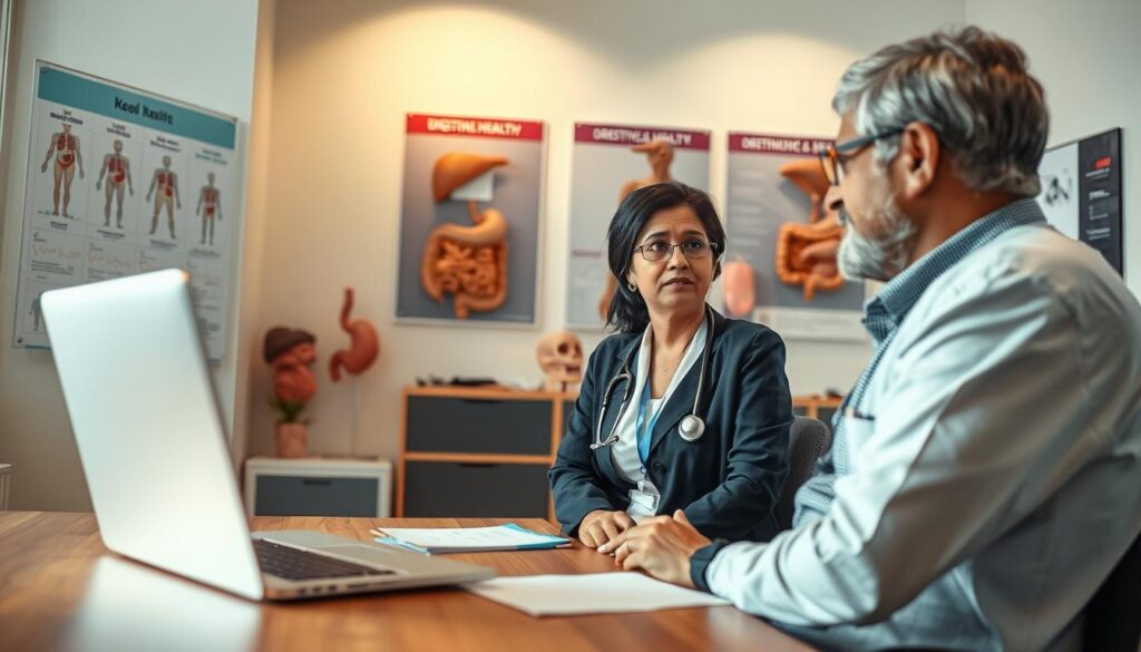 A well-lit medical consultation room featuring a specialist doctor examining a patient. The doctor, a middle-aged South Asian woman in professional attire, attentively listens to the patient, who appears concerned but engaged. In the foreground, a wooden desk with medical documents and a laptop is visible. In the middle ground, the doctor and patient are framed with a backdrop of medical charts and anatomical models relating to digestive health. Soft, warm lighting creates an inviting atmosphere, emphasizing professionalism and care. The camera angle is slightly elevated, offering a focused view of the interaction, capturing both the empathy of the doctor and the concern of the patient, conveying the importance of seeking medical advice for health issues.