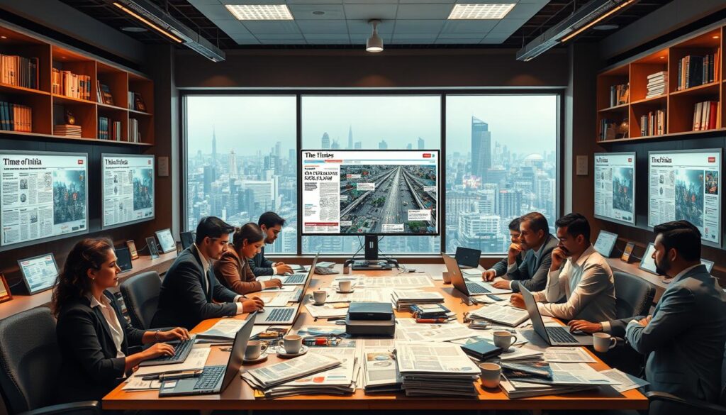 An editorial workspace scene depicting the operations behind The Times of India. In the foreground, a diverse group of journalists, dressed in professional business attire, collaborate around a large table cluttered with newspapers, laptops, and coffee cups. In the middle ground, a large monitor displays live news feeds and a digital layout of the newspaper. Soft, warm lighting casts an inviting glow over the room, enhancing the focused atmosphere. The background features shelves lined with books, awards, and a large window revealing a bustling cityscape of Mumbai, symbolizing the heartbeat of journalism. The overall mood conveys a sense of urgency, professionalism, and teamwork, illustrating the dynamic environment of modern news operations.