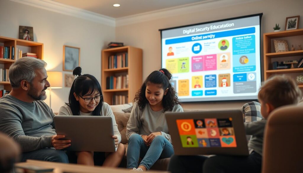 A family gathered in a cozy living room, engaged in a digital security education session. In the foreground, parents attentively show their children various digital safety tips on a laptop, with warm lighting creating an inviting atmosphere. The middle ground features colorful infographics about online safety displayed on a projector screen, illustrating concepts like password strength and safe browsing habits. In the background, bookshelves filled with educational materials and family photos convey a sense of warmth and togetherness. The mood is proactive and supportive, emphasizing empowerment through knowledge. The family wears modest, casual clothing, fostering a relatable and familial vibe. The scene is captured with a soft focus, creating an intimate feel, while bright, natural lighting enhances the inviting ambiance.