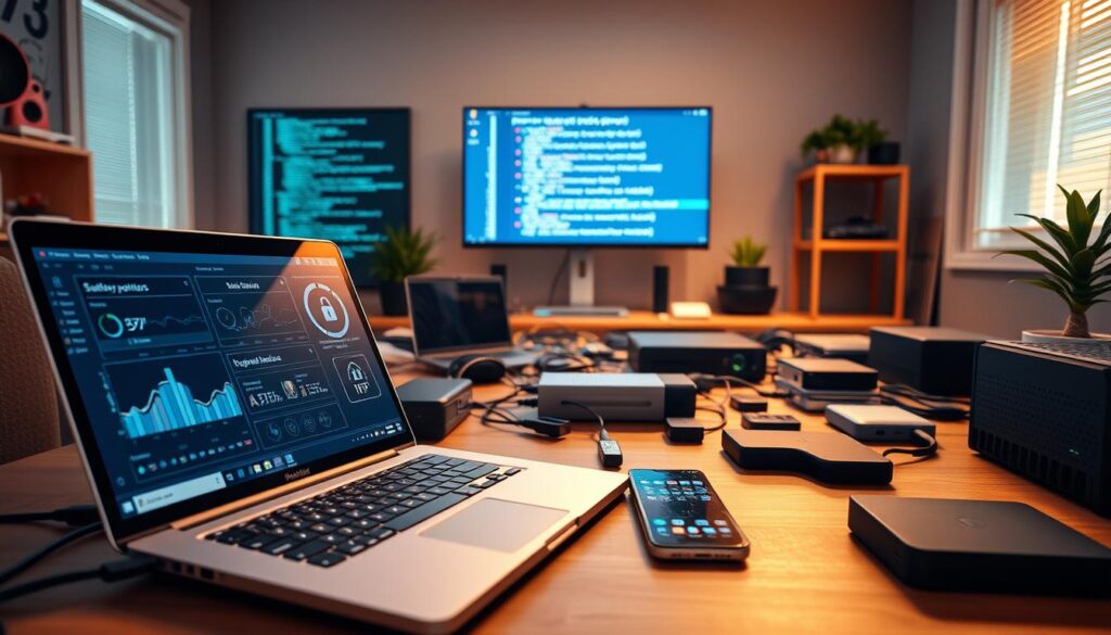 A modern home office scene showcasing cybersecurity tools and software, emphasizing a strong digital defense theme. In the foreground, a sleek laptop displays a security dashboard with graphs and alerts, surrounded by various devices like a Wi-Fi router with multiple antennas, a firewall appliance, and a smartphone with security app icons. In the middle, a large desk cluttered with peripherals, including a USB security key and an external hard drive, reflects a busy yet organized workspace. The background features a glowing computer monitor displaying code and a security protocol checklist, with warm, natural lighting from a nearby window creating a focused and professional atmosphere. The angle is slightly elevated, capturing a broad view of the workspace while ensuring clarity on the essential cybersecurity elements.